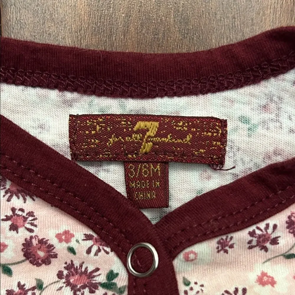 7 For All Mankind Floral Burgundy Kids Footie One Piece, Size 3-6 Months